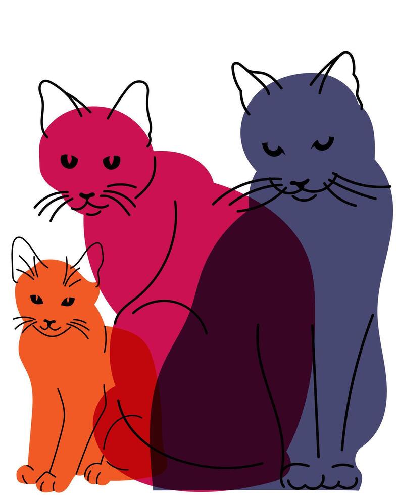 Family of cats. Avatar, badge, poster, logo templates, print. illustration in a minimalist style with Riso print effect. Flat cartoon style vector