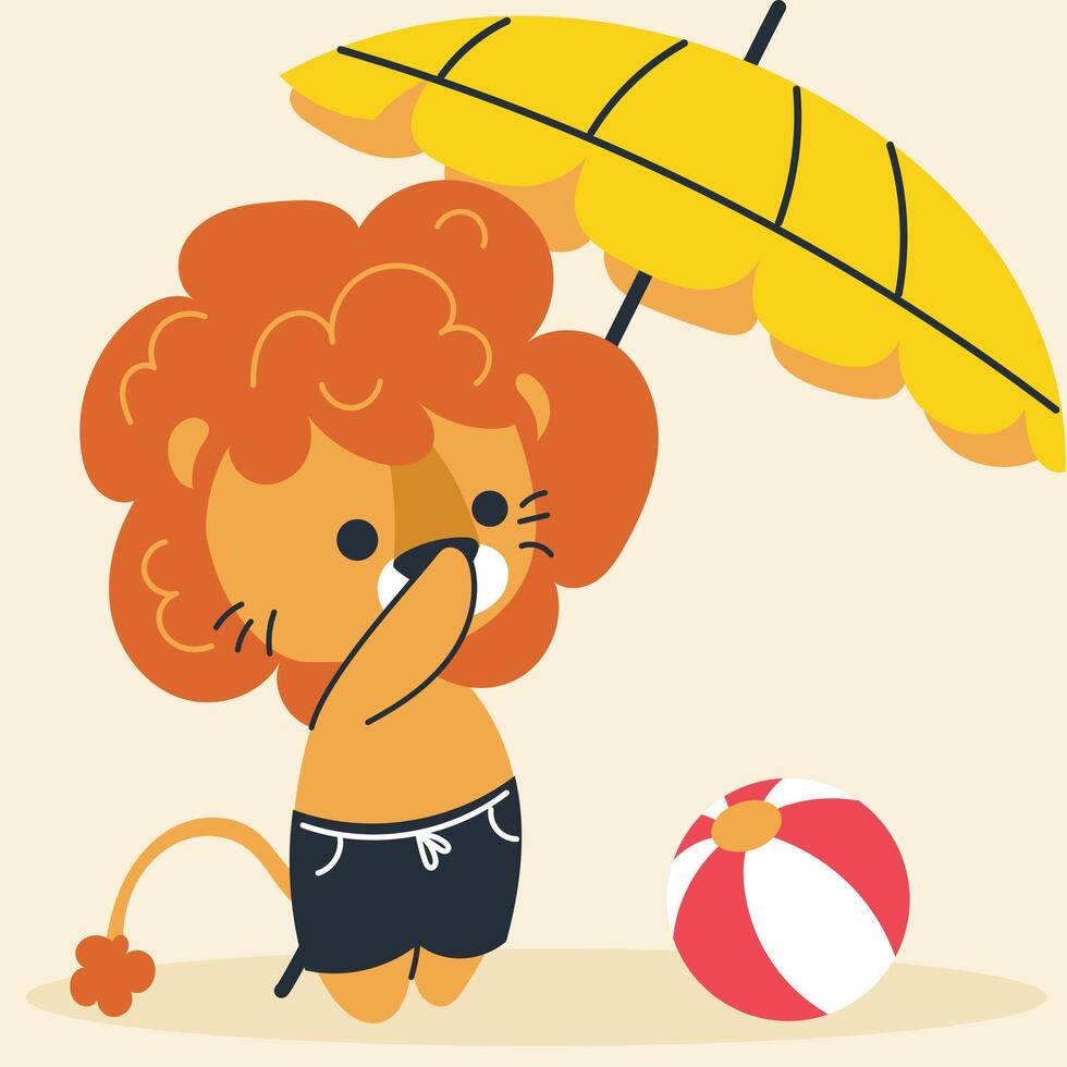 Lion on the beach playing ball under a beach umbrella. cartoon, style. vector