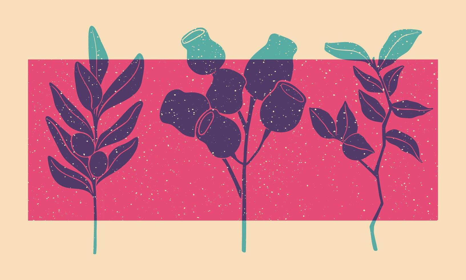 Tropical leaves. Colorful cute screen printing effect. Riso print effect. illustration. Graphic element for fabric, textile, clothing, wrapping paper, wallpaper vector