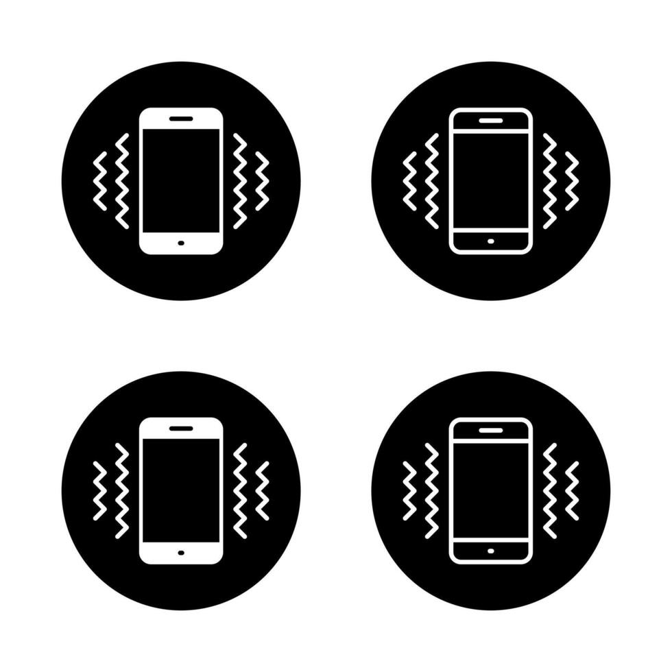 Phone vibration icon set on black circle. Cellphone vibrate sign symbol vector