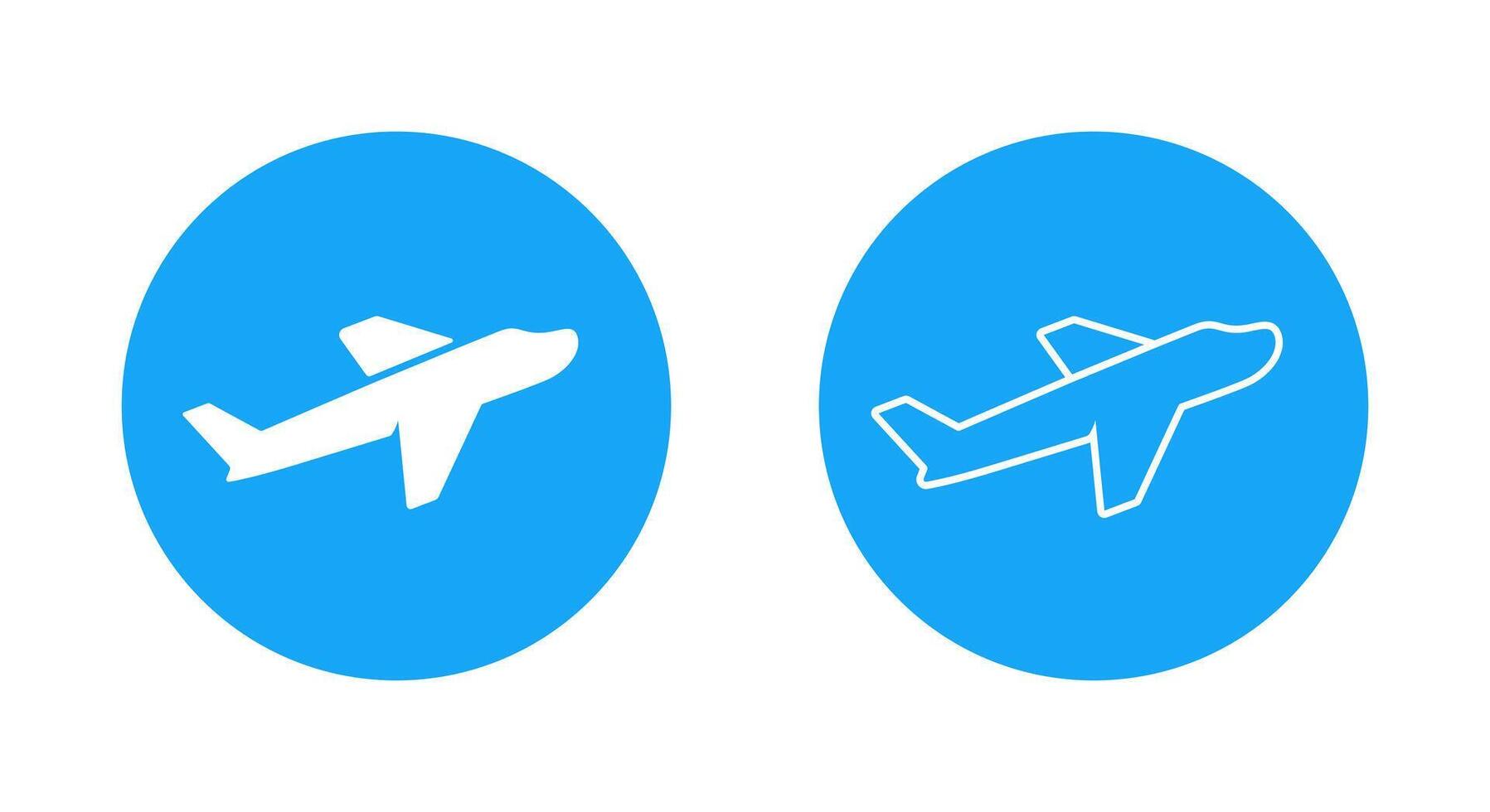 Outline airplane, plane icon on blue circle. Flight sign symbol. Travel concept vector