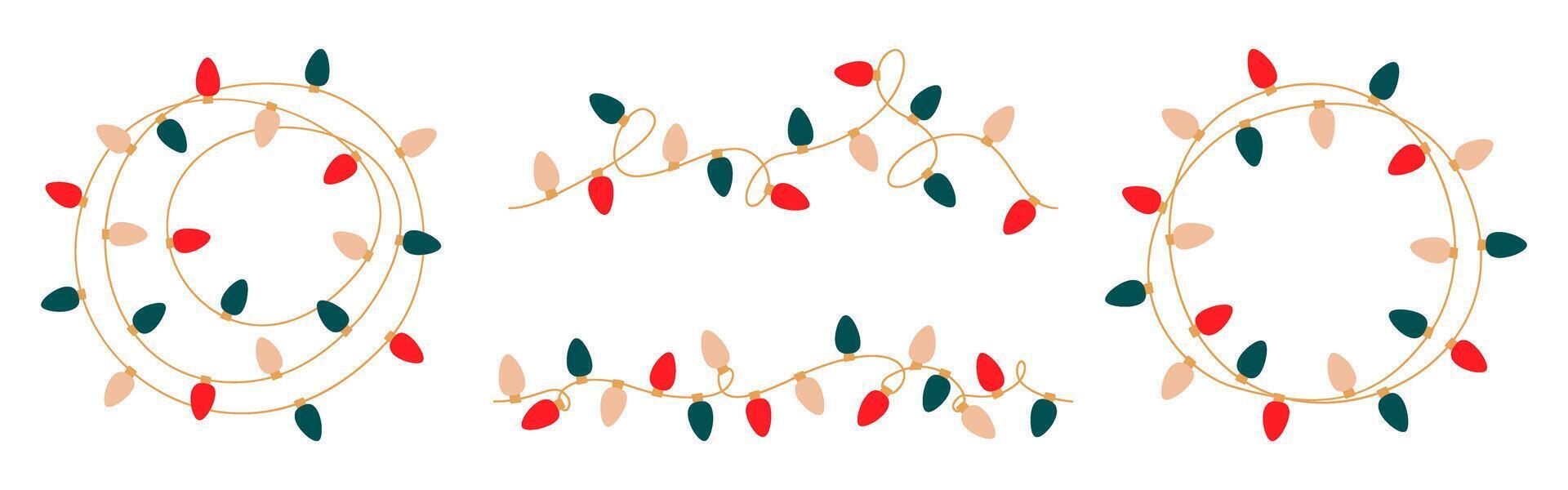 Christmas lights set. Garlands round tangled with colored bulbs. Glowing Xmas festive string decoration with hanging retro lamps lightbulb for holiday cards, banners, posters, web. illustration vector