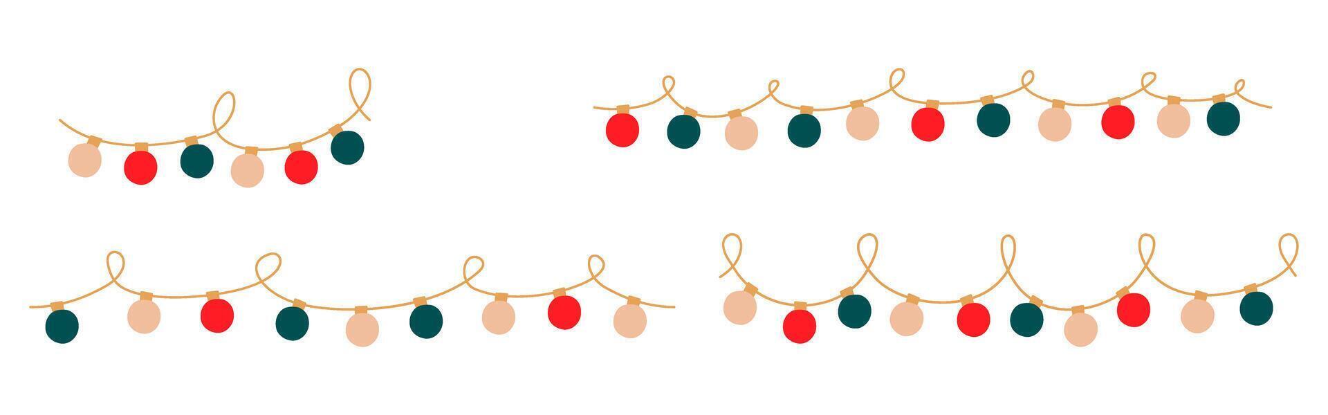 Christmas lights set. Garlands looped with colored circle bulbs. Glowing Xmas festive string decoration with hanging retro lamps lightbulb for holiday cards, banners, posters, web. illustration vector