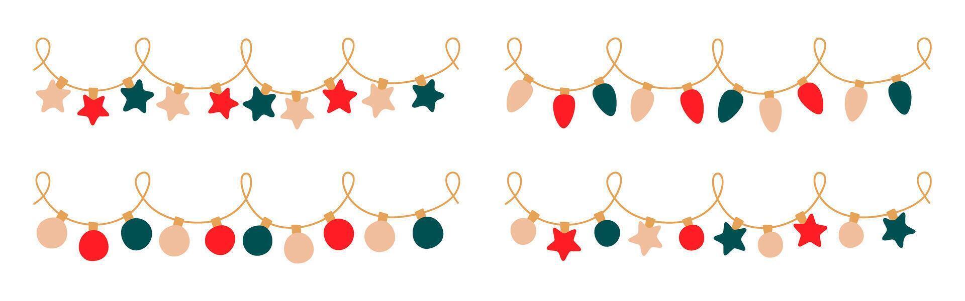 Christmas lights set. Garlands with colored bulbs - circle, star, ellipse. Glowing Xmas festive string decoration with hanging retro lamps lightbulb for holiday cards, banners, posters, web. vector