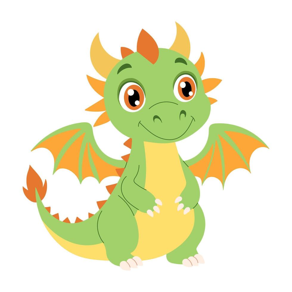 A green dragon with orange wings and a yellow belly. It has a smile on its face. The dragon is standing on its hind legs vector