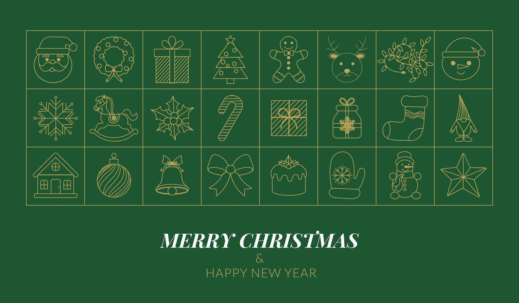 A green background with a variety of Christmas decorations including a Santa Cla vector