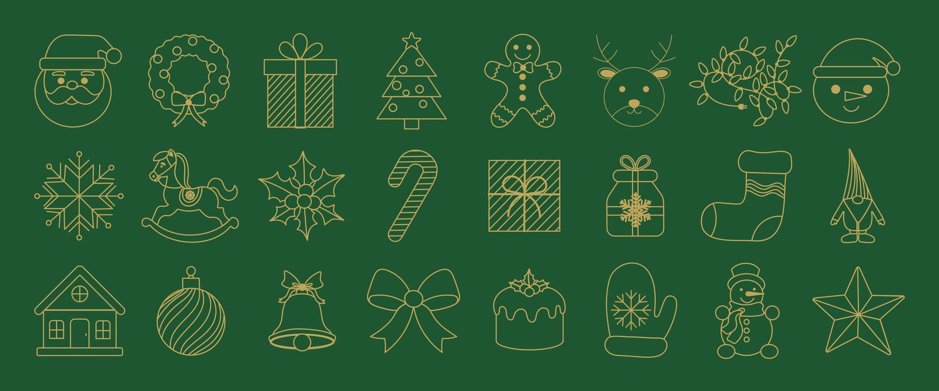 A green background with a variety of Christmas decorations including a Santa Claus hat, a reindeer, a gingerbread man, and a Christmas tree vector
