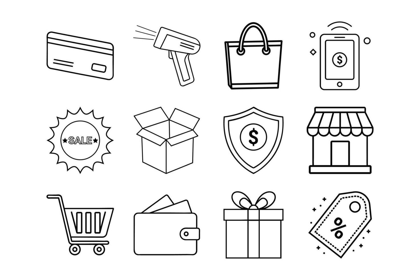 Black and White E-Commerce Icon Set Shopping, Payments, Sales, and Retail Graphics vector