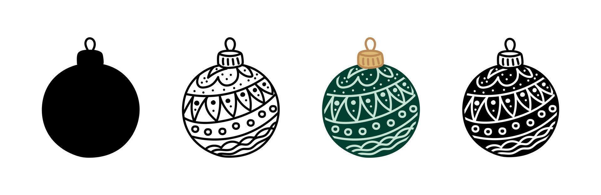 Christmas ornament icon set, including outline, silhouettes and green variations isolated on white background. Concept of Holiday decoration, winter decor, traditional Christmas balls, bauble vector