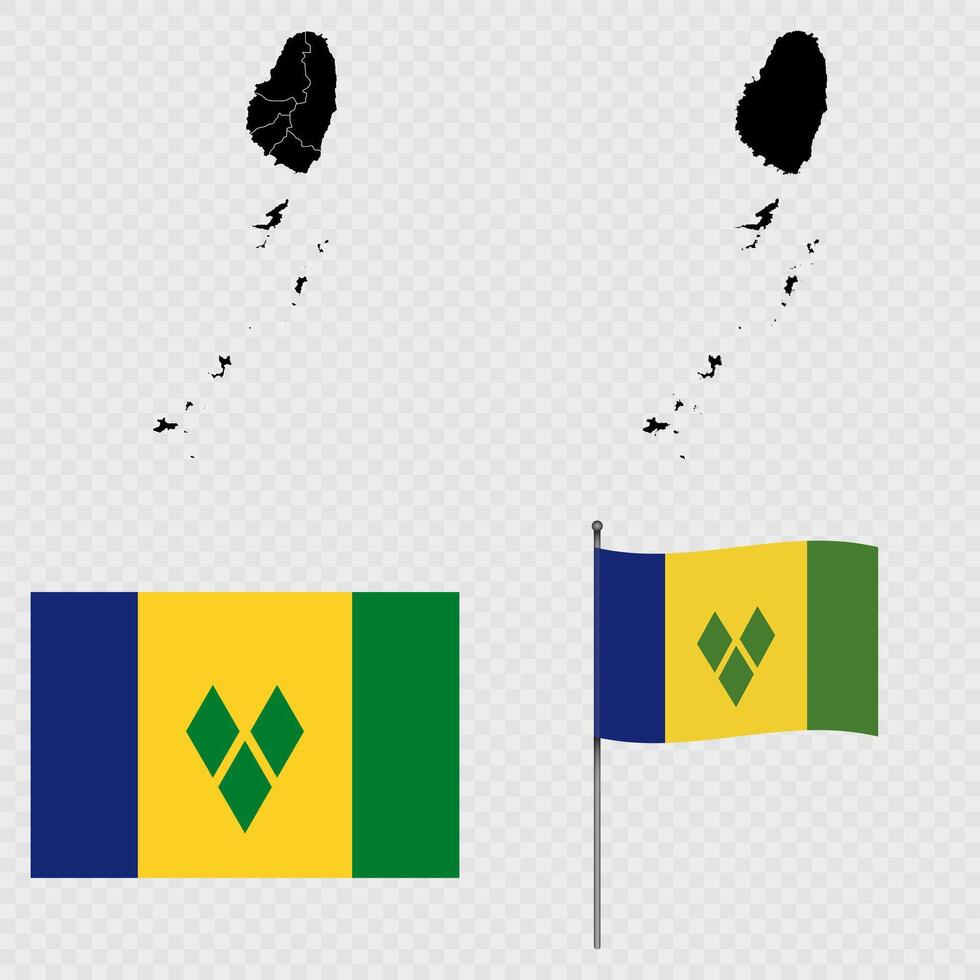 Set of maps, flag and flagpole of Saint Vincent and the Grenadines. illustration. vector