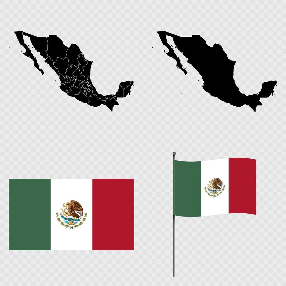 Set of maps, flag and flagpole of Mexico. illustration. vector