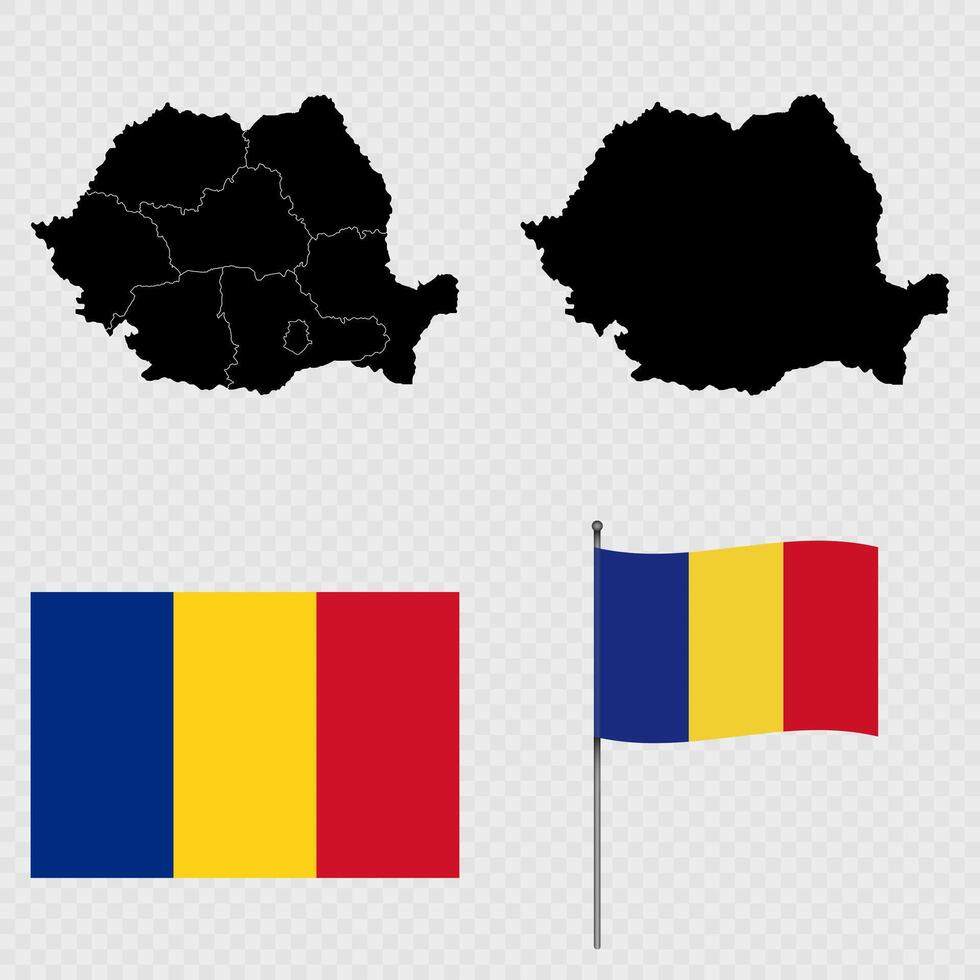 Set of maps, flag and flagpole of Romania. illustration. vector