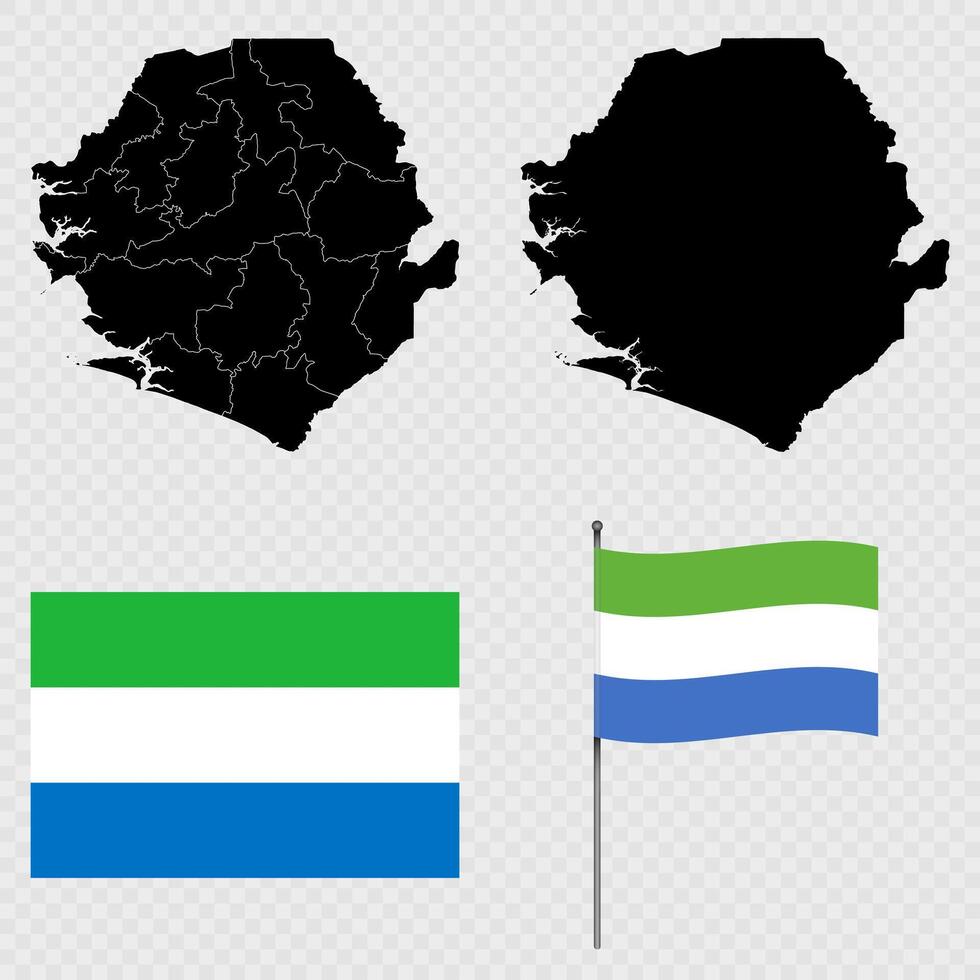 Set of maps, flag and flagpole of Sierra Leone illustration. vector