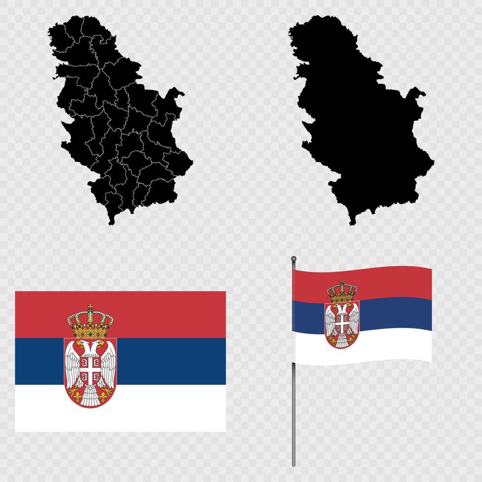 Set of maps, flag and flagpole of Serbia. illustration. vector