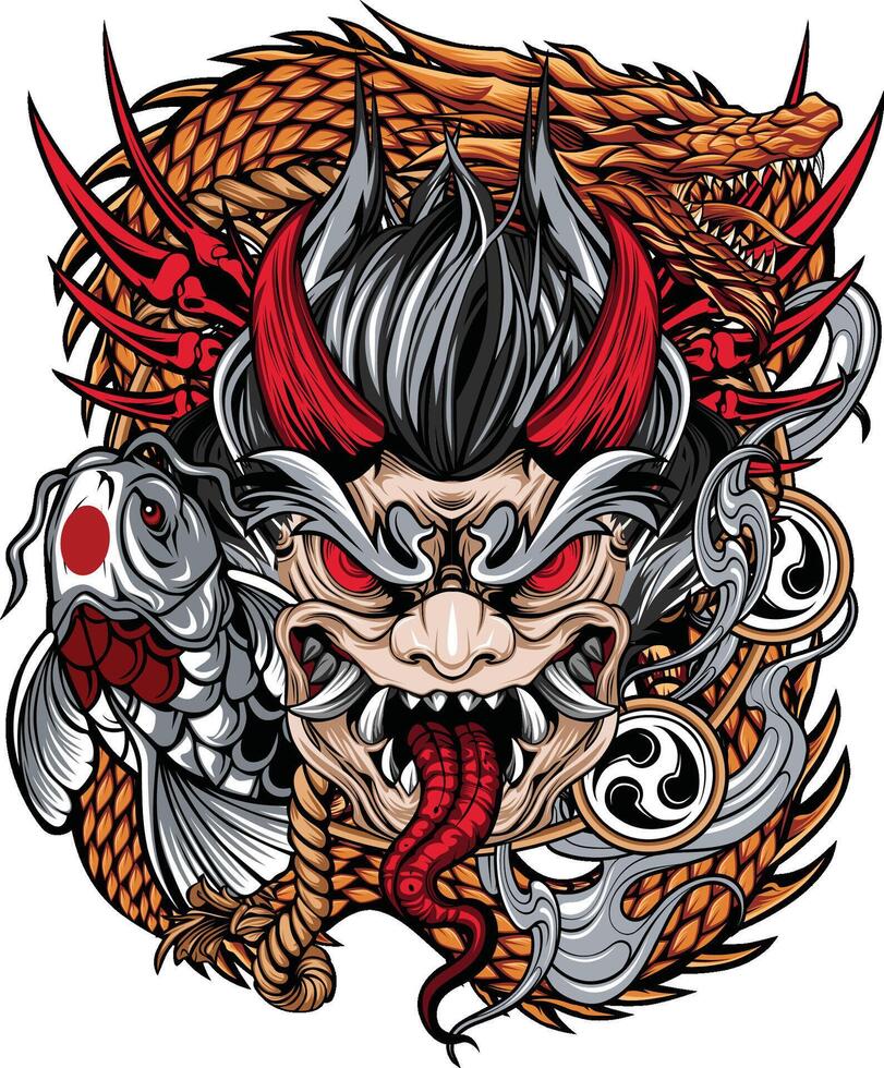 Oni mask japanese with koi fish and dragon vector