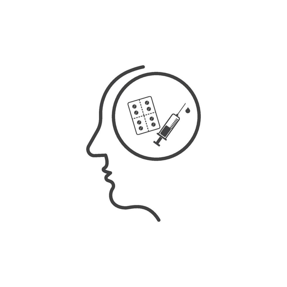 Head profile with pills, syringe, and medication vector