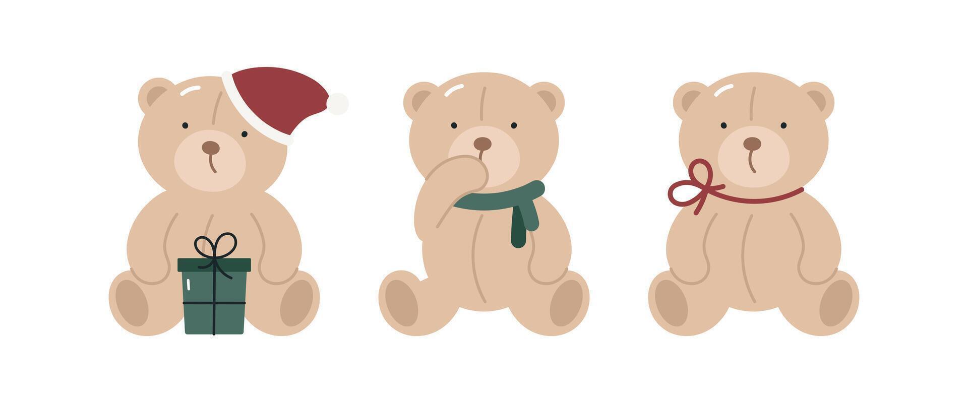 Set with cute Christmas teddy bear. Christmas design. Cartoon flat illustration. Isolated on white background. Elements for printing, poster, card. vector