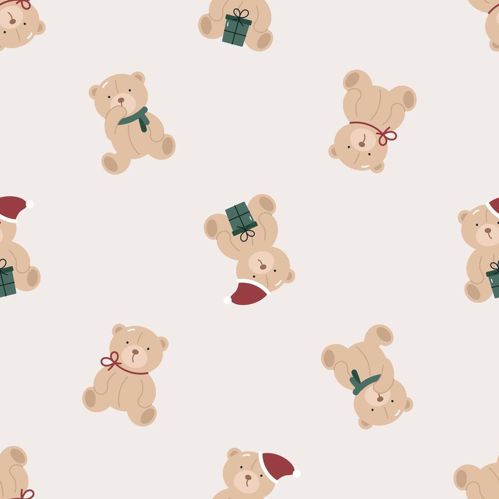 Seamless pattern with cute Christmas teddy bear. Flat background. Christmas design. Creative texture for fabric, wrapping, textile, wallpaper, apparel. vector