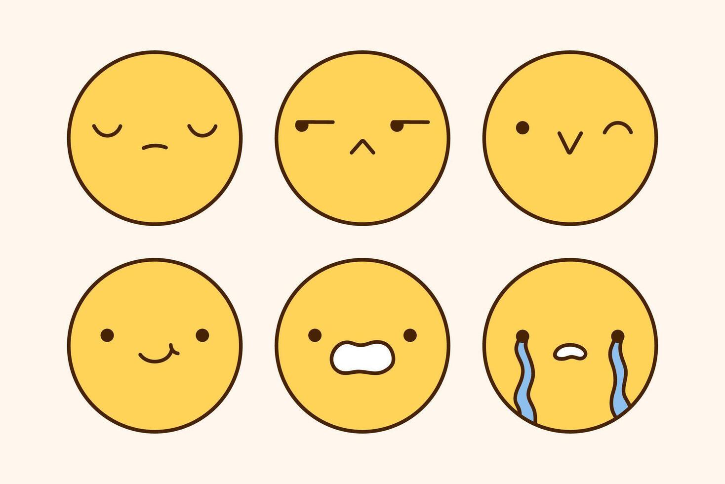 A cute emoji set with different facial expressions. Yellow characters with happy, joyful, sad, disappointed, surprised, crying mood. doodle illustration. Perfect for social media, stickers. vector