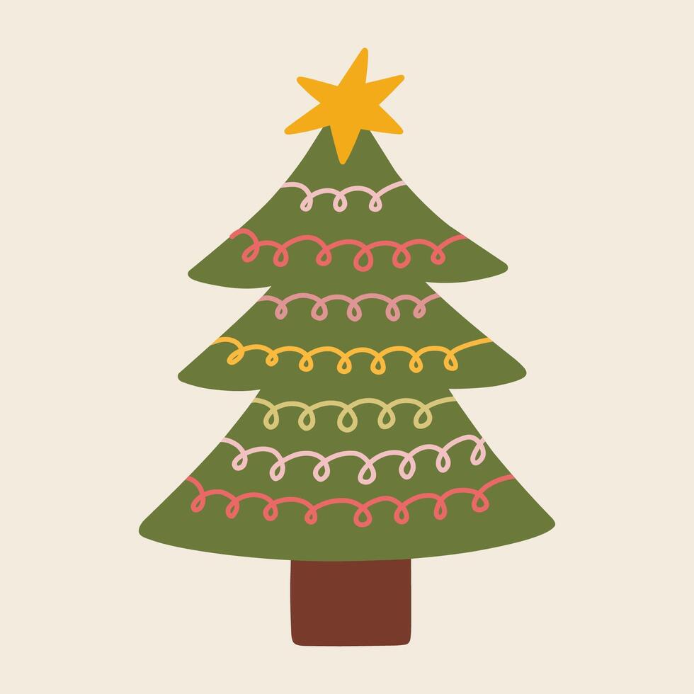 Cute decorated Christmas tree isolated on a white background. hand-drawn flat illustration. Perfect for holiday designs, cards, decorations, logo. vector