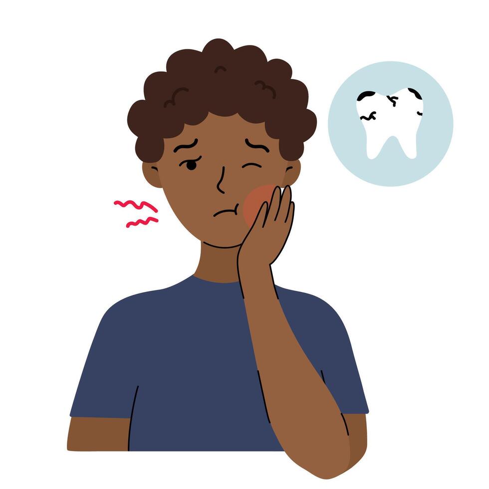 Young man experiencing tooth pain. The boy touches his cheek with a concerned expression, indicating discomfort. flat illustration. Oral care concept. vector