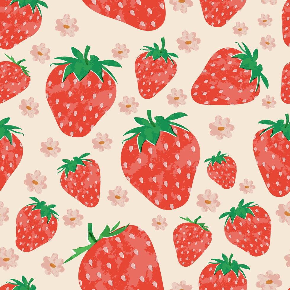 Strawberry colorful seamless pattern background. Fruit illustration isolated on beige background. Seamless background with strawberries for wrapping paper, wallpaper vector