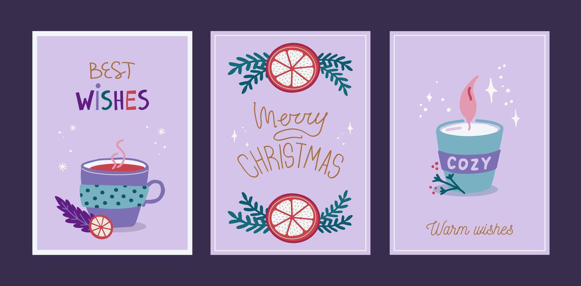 Set of Christmas and New Year card. Elegant greeting cards with mulled wine, orange slice, candle. Hand drawn illustration templates vector