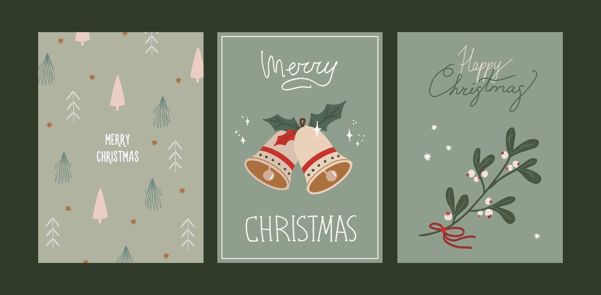 Set of Christmas and New Year card. Elegant greeting cards with christmas bells, mistletoe, fir. Hand drawn illustration templates vector