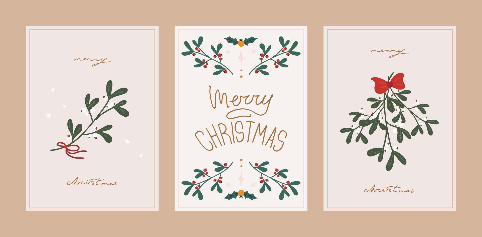 Merry Christmas card set. Elegant greeting cards with ornament in folk and scandinavian style. Hand drawn illustration templates with mistletoe bouquet vector