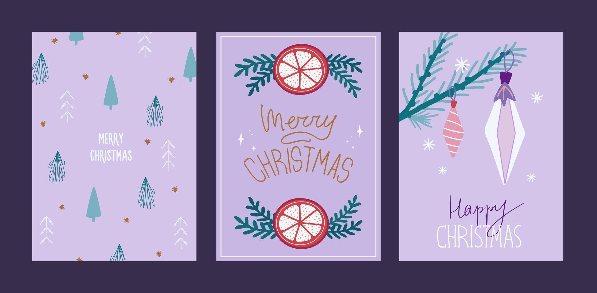 Set of Christmas and New Year card. Elegant greeting cards with fir, christmas decoration, orange slice. Hand drawn illustration templates vector