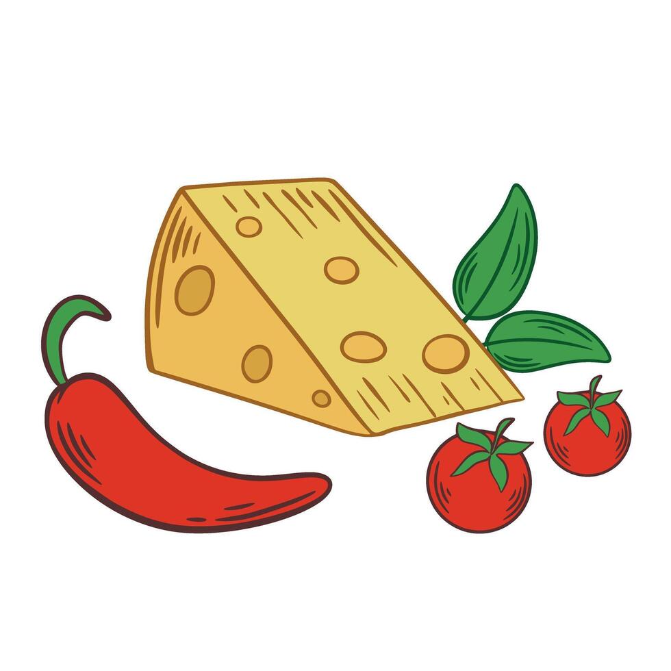 Triangle of cheese with holes, served with cherry tomatoes, chili pepper and basil sprig vector