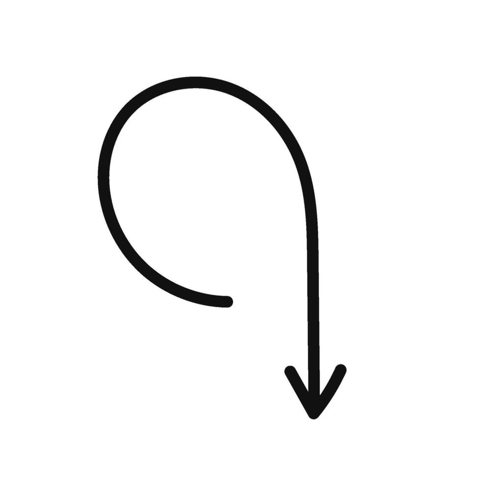 A black and white drawing of a curved arrow vector