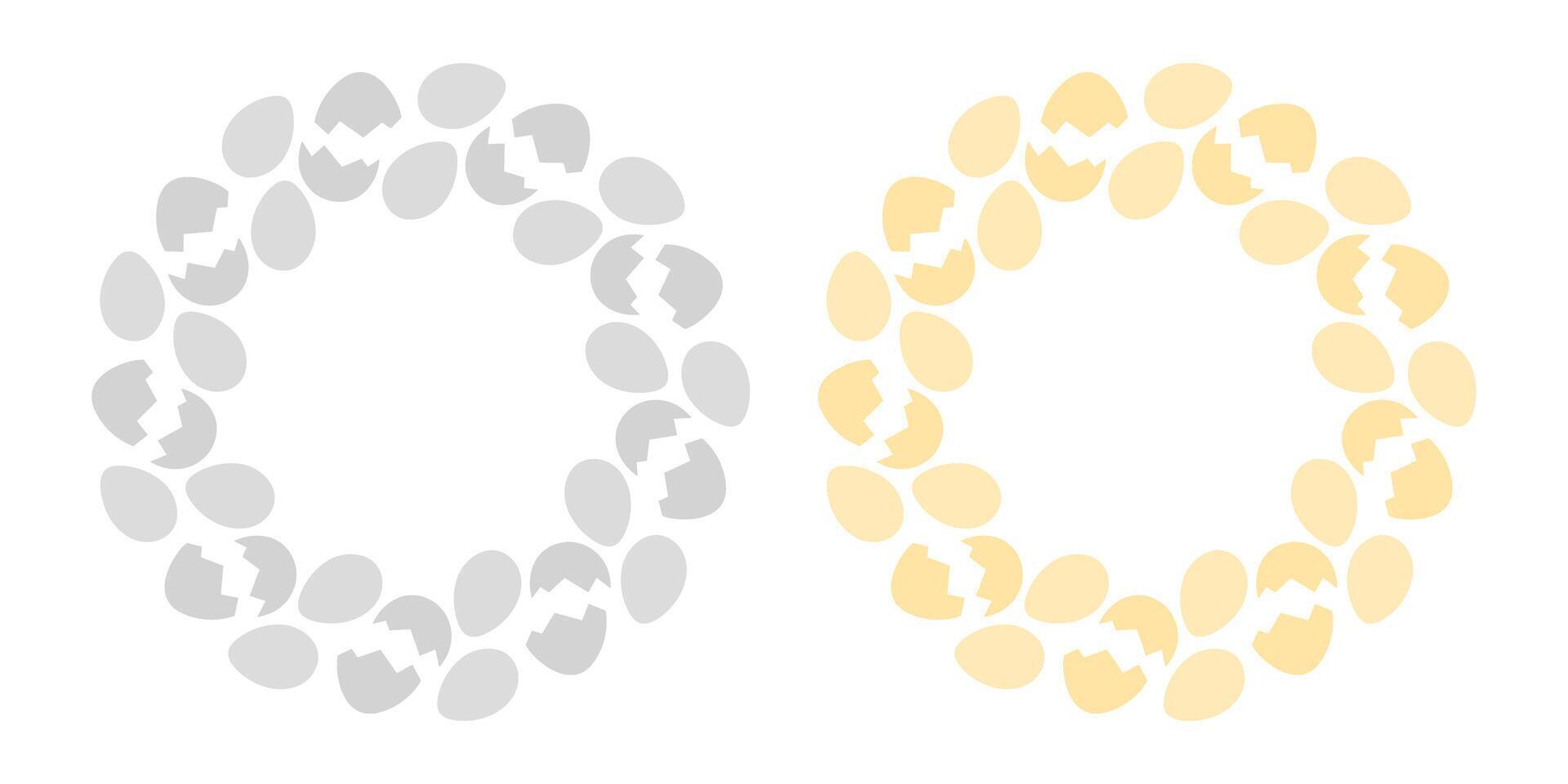Eggs and cracked eggshell Circle Frames in grayscale and monochrome yellow. Copyspace Template Set 2. Isolated illustration Thematic card, leaflet, booklet, price tag, label or web promo banner vector