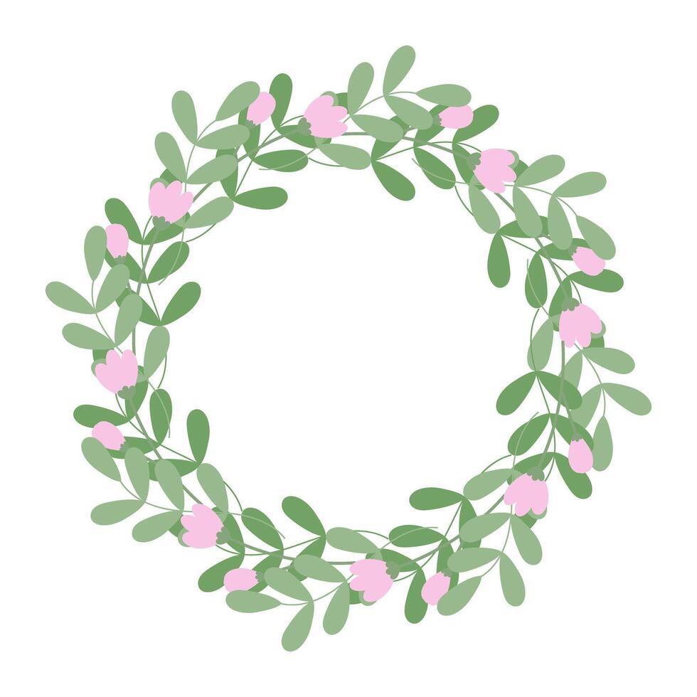 Springtime leaf sprigs and blooming floral buds Circle frame border in trendy soft green and pink. Isolated illustration Thematic cards, posting, blog or web promo banners, leaflets, label, tag vector