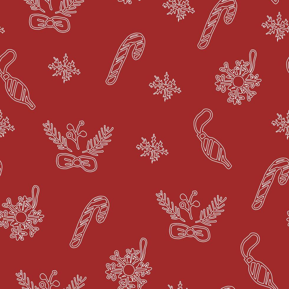 Seamless pattern with New Year and Christmas decorations on red background in doodle style vector