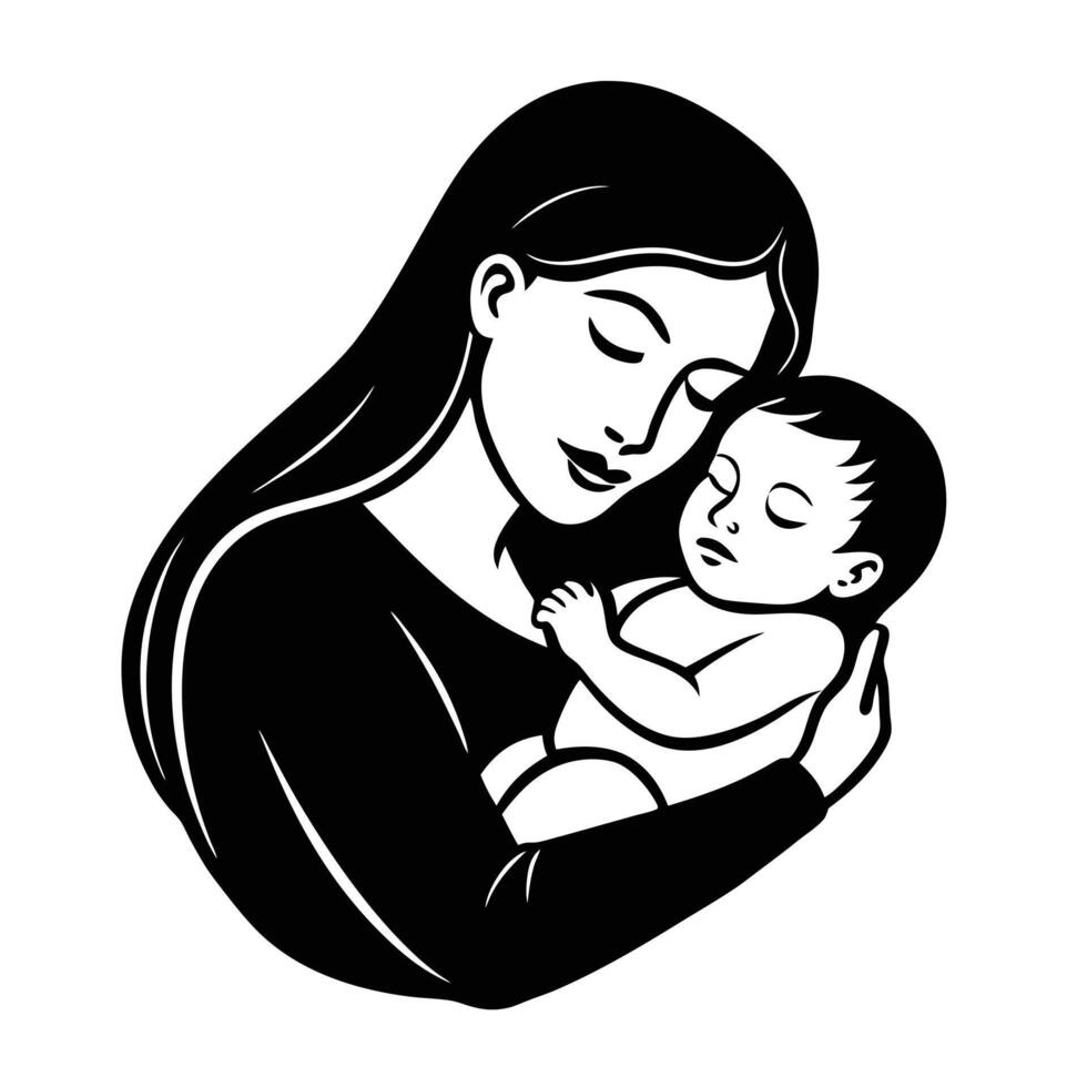 Baby Sleeping on Mother Lap Silhouette Art Illustration, Black Color, White Background vector