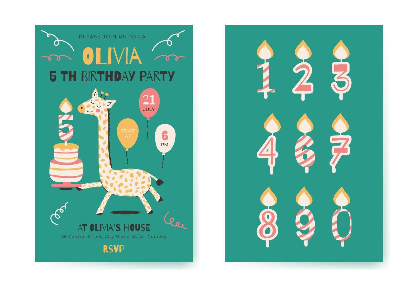 Baby Shower invitation card with space theme background template for baby girl and baby boy. Birthday party vertical template with all numbers. Giraffe with cake and candles. vector