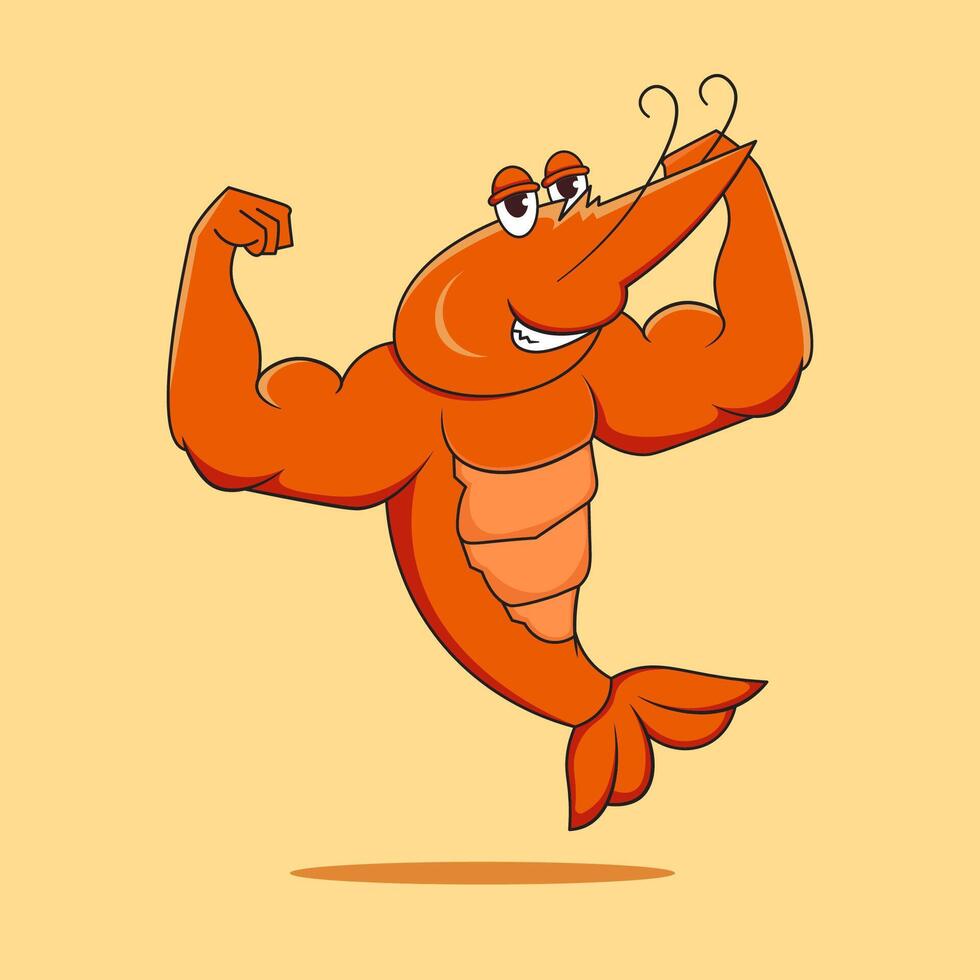 Muscular shrimp character with a big smile vector