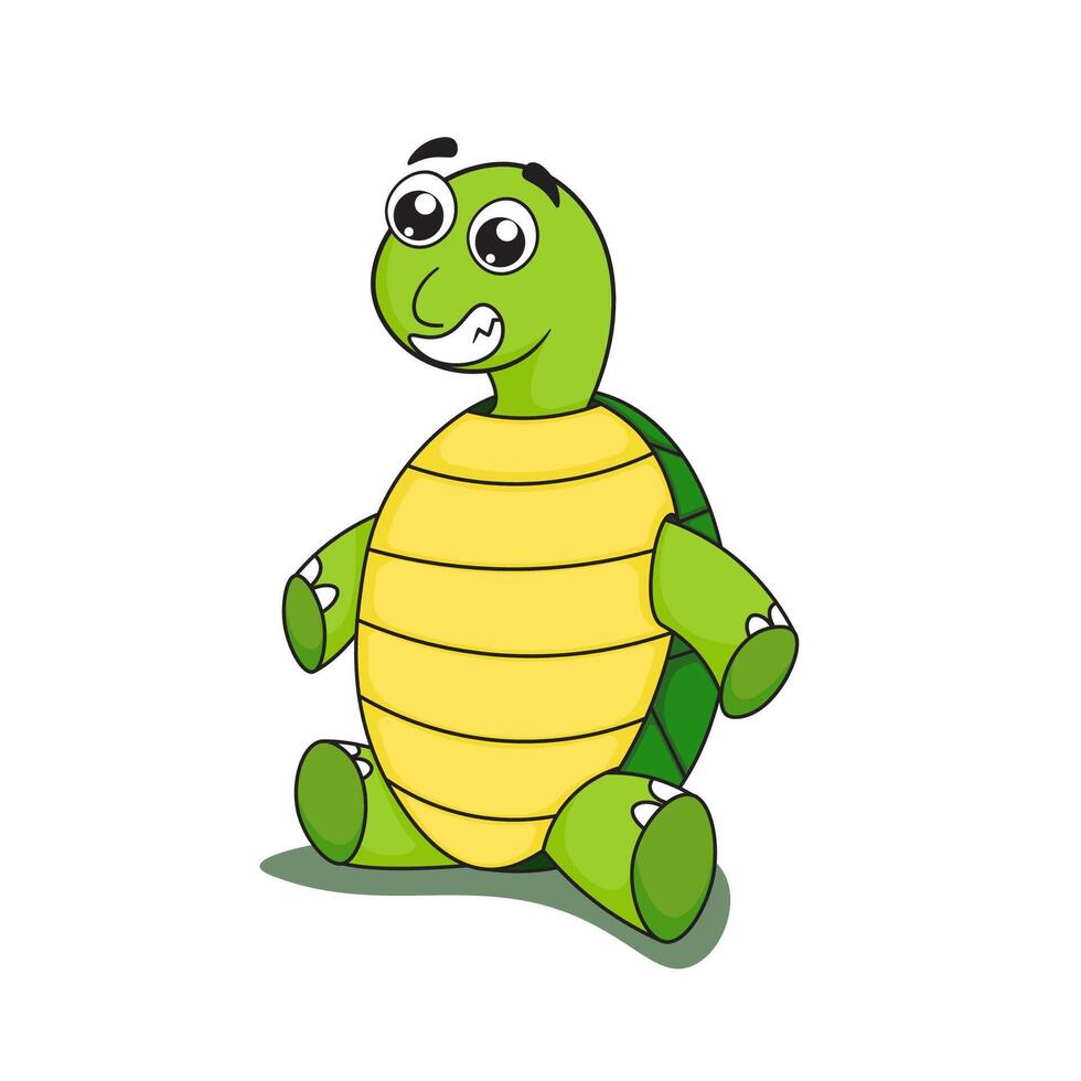 Cute green turtle character is sitting while smiling broadly vector