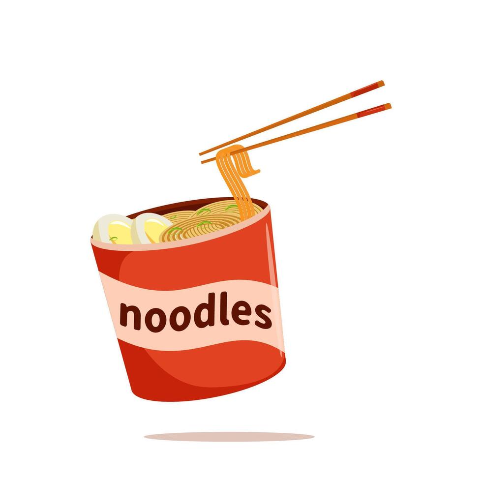 Delicious cup noodles topped with egg and chopped spring onions vector