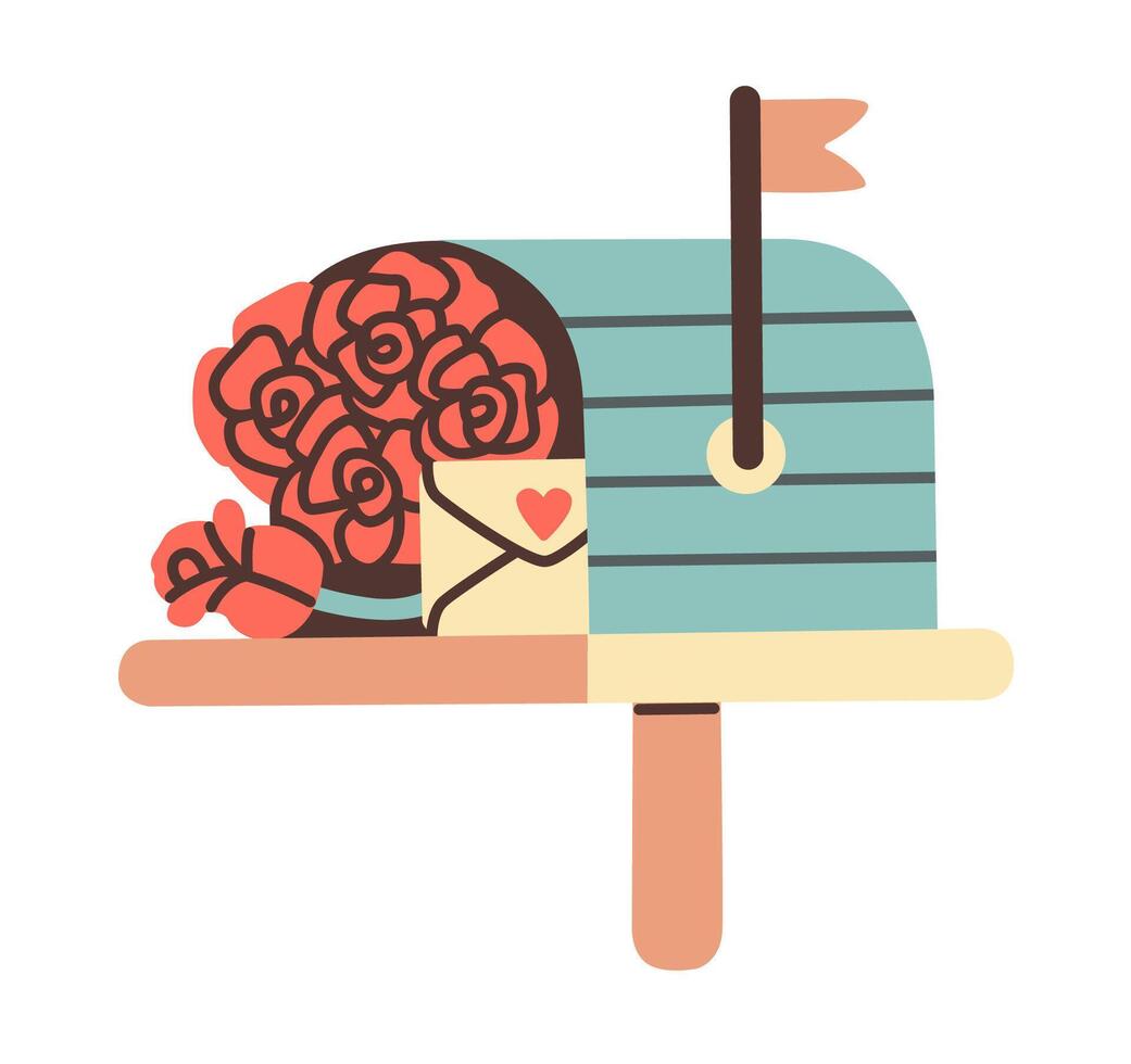 Flat style illustration of a charming blue mailbox filled with red roses and a love letter, perfect for Valentine's Day designs, romantic messages, or sweet themed projects. vector