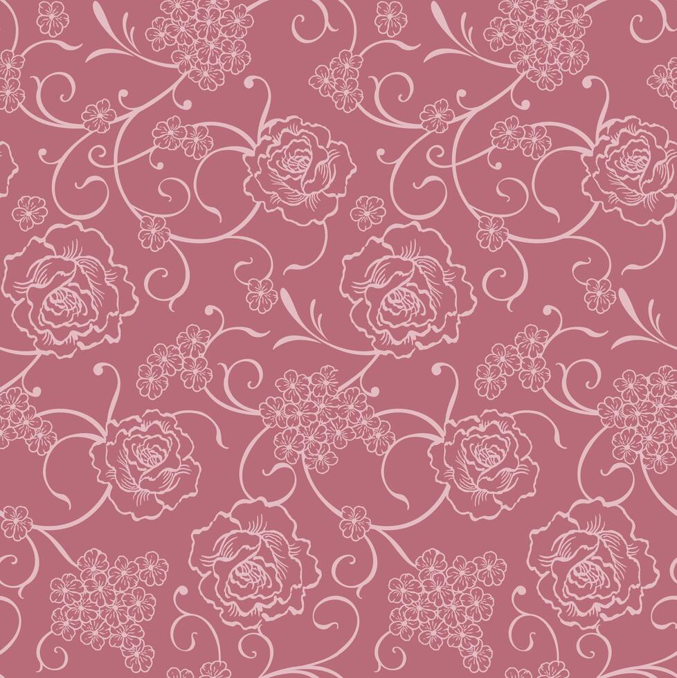 Seamless Rose Flower With Swirls On Pink Background vector