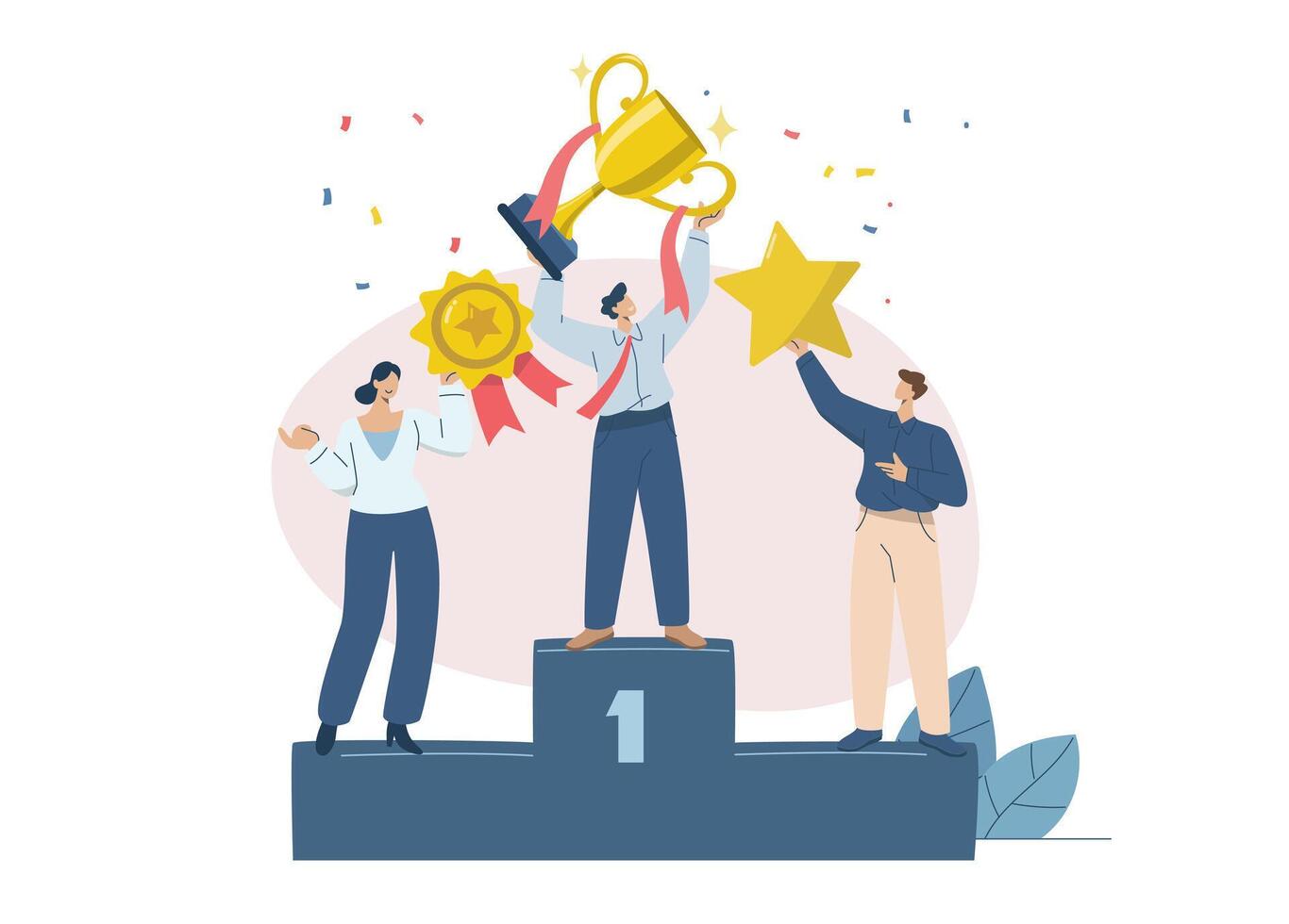 Business team holding trophies stand on podium, Successful team concepts, Winning business awards, Successfully Achieve Reward, Business team performance and ambition. Flat illustration design. vector