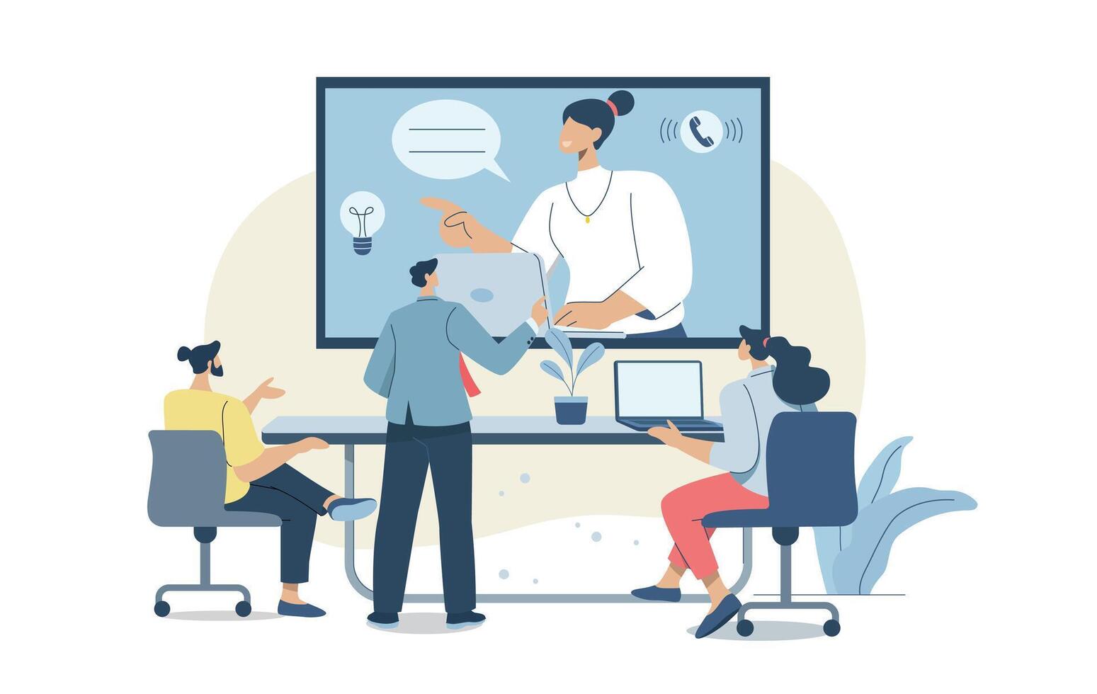 Group meetings using calling, Team Conversations, Remote teamwork using online , Friends are talking via conference, Live communication, Remote working with technology. vector