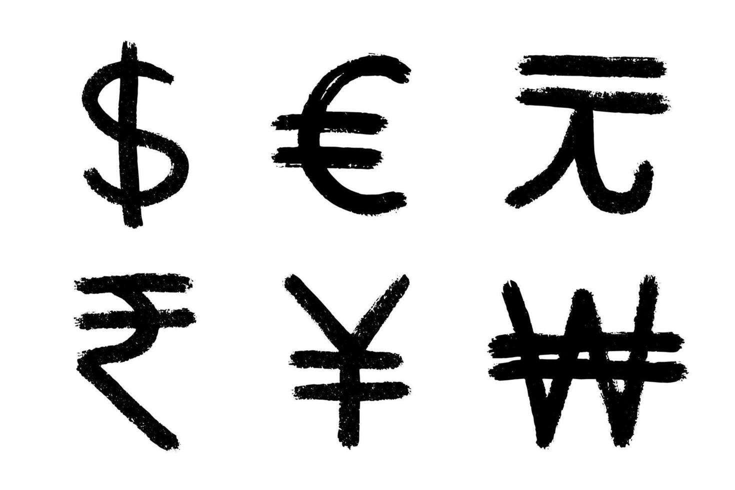 Hand drawn multiple currencies symbol set Dollar euro yuan yen won rupee vector