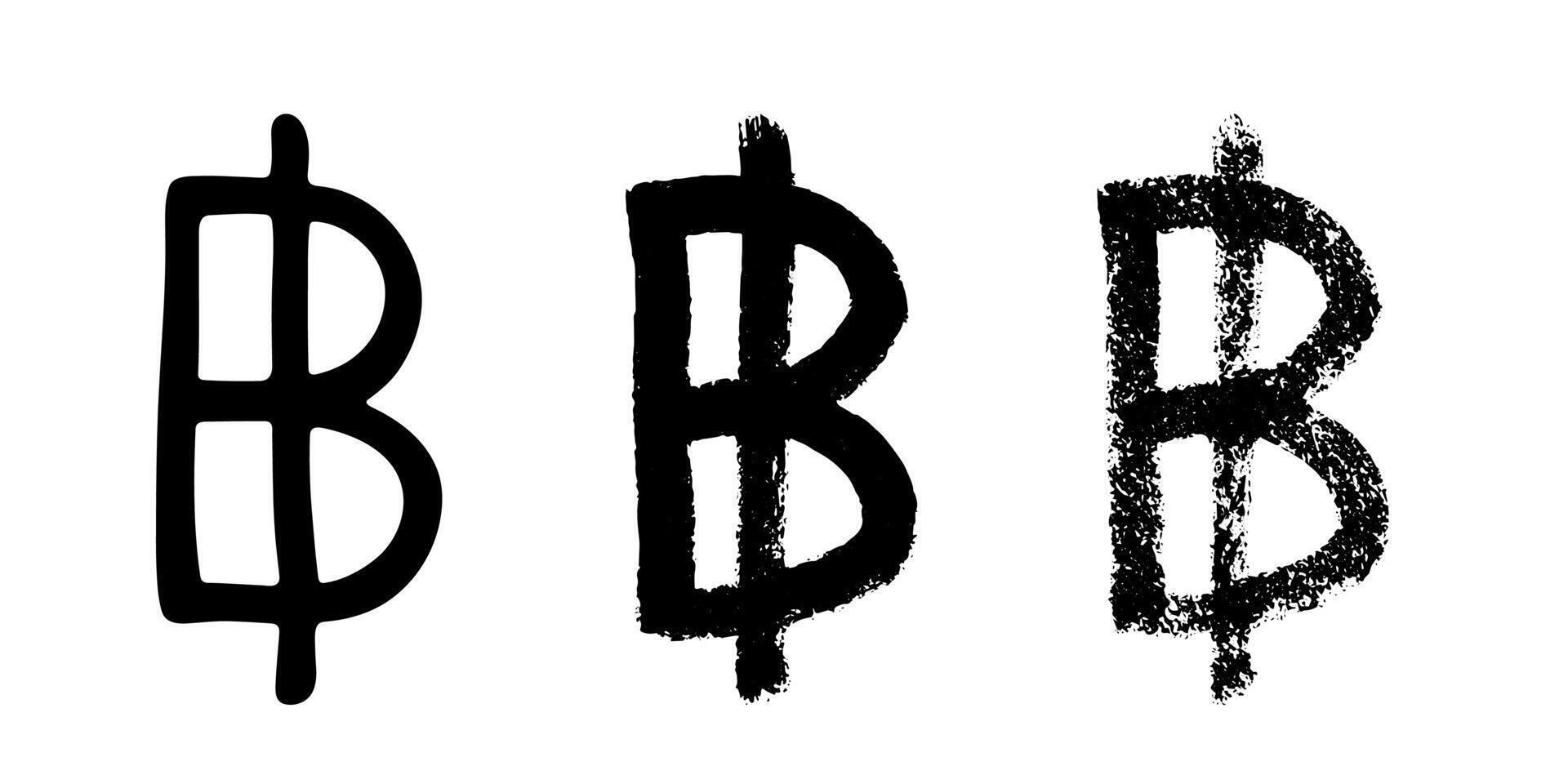 Hand drawn thai baht currency symbol set Brush stroke doodle Single element for design vector