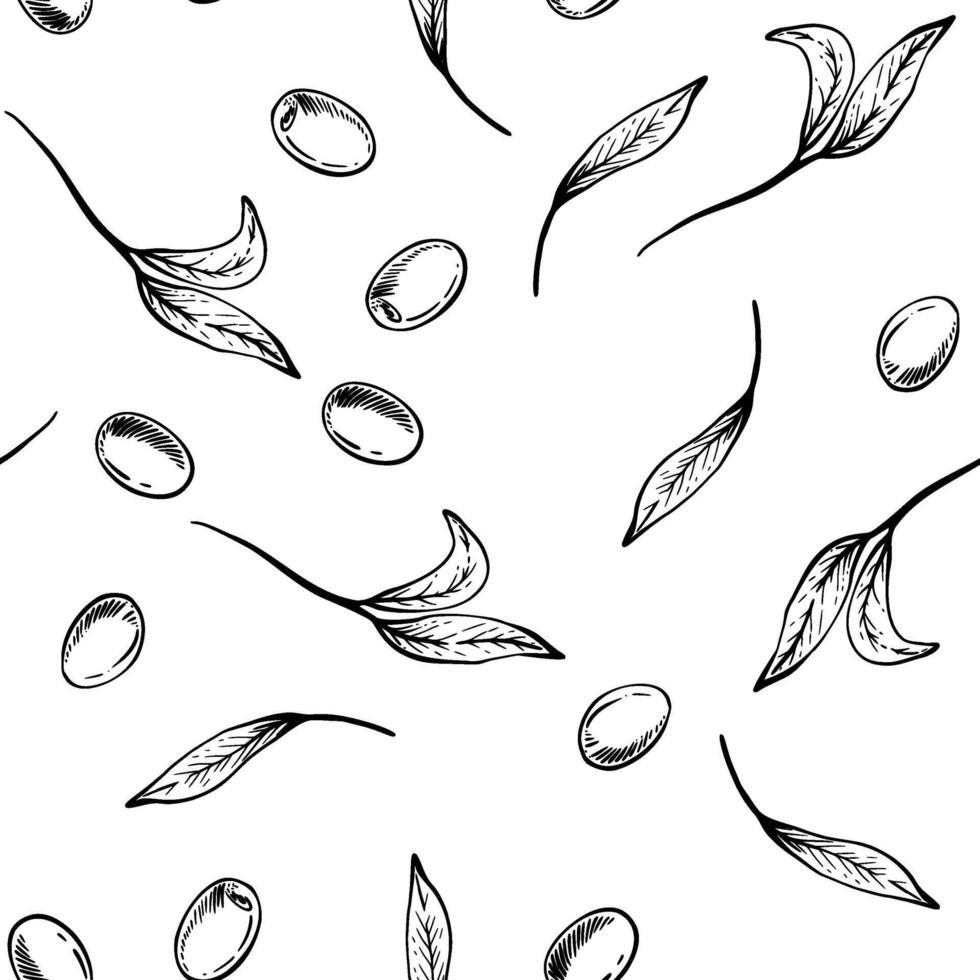 Olive tree branch leaves and berries seamless pattern. Black ink botanical graphic hand drawn linear drawing illustration. Floral clipart for fabric, package, wallpaper Isolated from background vector