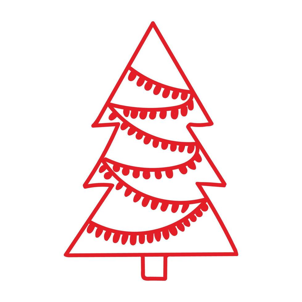 An illustration of a doodle style Christmas tree with a red outline on a white background vector