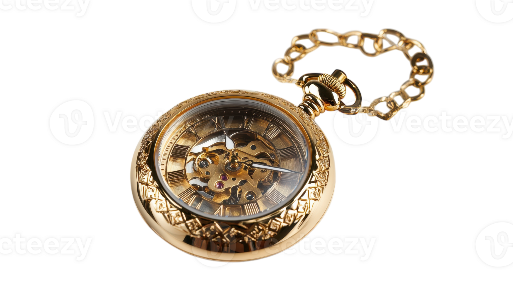A gold pocket watch with a chain around it png