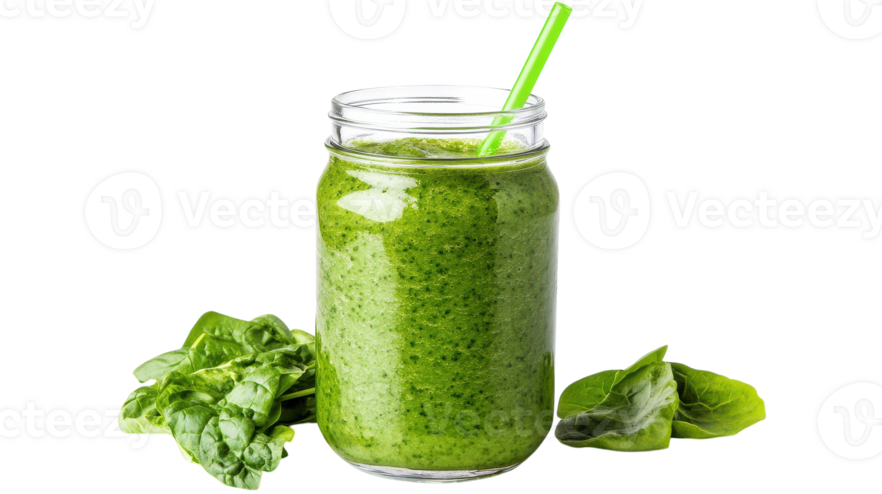 A green smoothie with a straw and leaves png